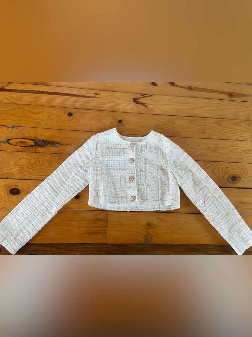 Women's Cropped Button-Front Tweed Jacket, EUC, White and Gold, Size XS